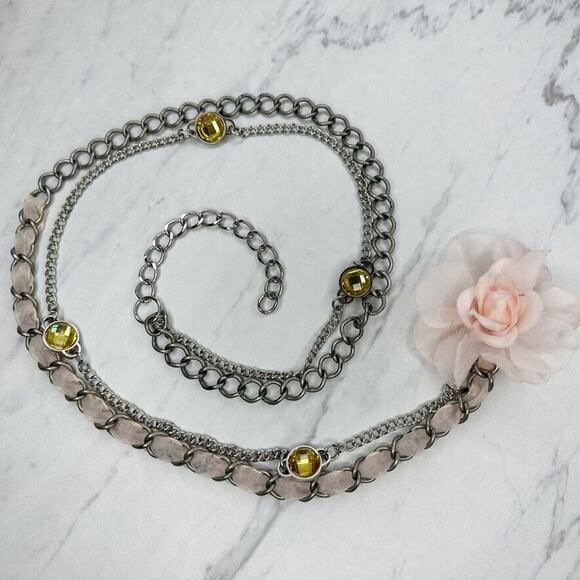 Pink Flower Rhinestone Silver Tone Metal Chain Link Belt Size Large L XL - Picture 1 of 12